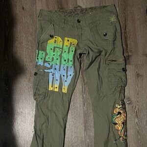 Ed Hardy Cargo Pants Women's Size 26 Dragon Print Green Cotton Embroidered